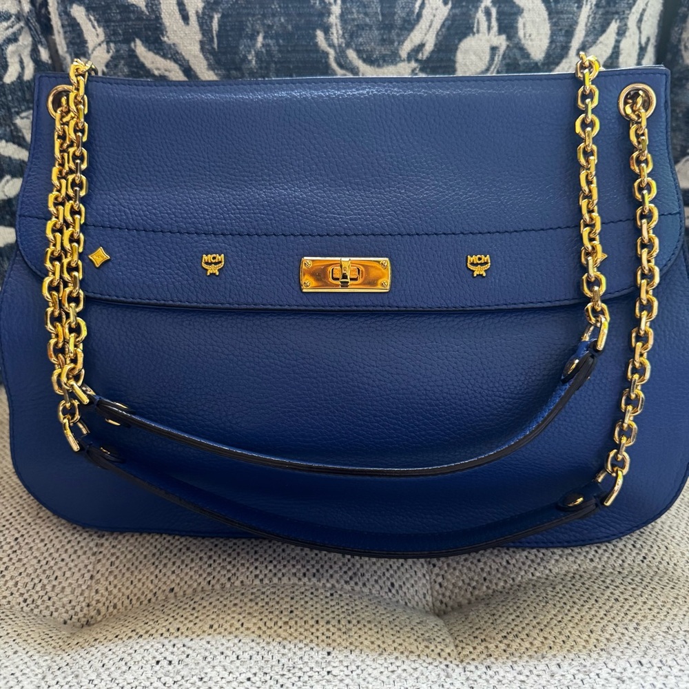 MCM Blue Leather Chain Shoulder Bag